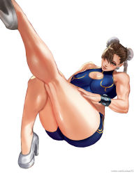 Rule 34 | adapted costume, alternate costume, bare shoulders, blue shorts, bracelet, breasts, brown eyes, brown hair, bun cover, capcom, chun-li, cleavage, cleavage cutout, closed mouth, clothing cutout, crop top, double bun, earrings, hair bun, high heels, jewelry, large breasts, legs, legs up, muscular, red lips, rejean dubois, shirt, shorts, sitting, sleeveless, sleeveless shirt, solo, spiked bracelet, spikes, street fighter, thick thighs, thighs, white footwear