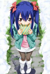 Rule 34 | 1girl, absurdres, black pantyhose, blue hair, brown eyes, fairy tail, hair ribbon, highres, long hair, looking at viewer, pantyhose, planeptune, red ribbon, ribbon, skirt, snow, solo, twintails, wendy marvell, white skirt