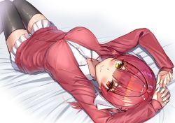 Rule 34 | 1girl, bed sheet, black thighhighs, blush, breasts, cardigan, closed mouth, collared shirt, commentary request, dress shirt, feet out of frame, hololive, houshou marine, knees up, long sleeves, looking at viewer, lying, medium breasts, miniskirt, nyaa28, on back, on bed, pleated skirt, red cardigan, red eyes, red hair, shirt, short hair, short twintails, simple background, skirt, smile, solo, thighhighs, twintails, virtual youtuber, white background, white shirt, white skirt, yellow eyes, zettai ryouiki