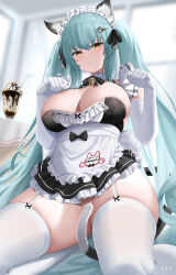 Rule 34 | 1girl, animal ears, apron, bare shoulders, bell, black dress, blush, breasts, cat ears, cleavage, clenched teeth, cyicheng, dress, elbow gloves, gloves, goddess of victory: nikke, green hair, large breasts, long hair, looking at viewer, maid, maid headdress, neck bell, paw hair ornament, privaty (nikke), privaty (unkind maid) (nikke), sidelocks, solo, teeth, thighhighs, thighs, twintails, white apron, white gloves, yellow eyes