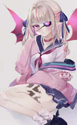 Rule 34 | 1girl, absurdres, bat wings, blue ribbon, blue sailor collar, blue skirt, blush, eyepatch, grey background, grey hair, hair ribbon, hand up, heart, heart eyepatch, highres, jacket, looking at viewer, makaino ririmu, makaino ririmu (4th costume), mile (off8mile), miniskirt, multicolored hair, neckerchief, nijisanji, one eye covered, parted lips, pink jacket, red neckerchief, ribbon, sailor collar, school uniform, serafuku, shirt, shoes, simple background, skirt, sleeves past fingers, sleeves past wrists, socks, solo, streaked hair, twintails, virtual youtuber, white shirt, white socks, wings
