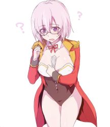 Rule 34 | 1girl, ?, between breasts, breasts, commentary request, epaulettes, fate/grand order, fate (series), higata akatsuki, jacket, leotard, mash kyrielight, mash kyrielight (welcome to the travelling circus!), official alternate costume, open clothes, open jacket, open mouth, pink hair, purple eyes, red jacket, short hair, simple background, solo, sweatdrop, welcome to the travelling circus!, white background