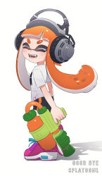 Rule 34 | 1girl, :d, ^ ^, arms at sides, bike shorts, black shorts, blunt bangs, blush, closed eyes, copyright name, dot nose, english text, facing back, facing viewer, fangs, from side, full body, happy, headphones, highres, holding, holding weapon, inkling, inkling girl, inkling player character, long hair, nintendo, open mouth, orange hair, pink footwear, print shirt, puchiman, shadow, shirt, shoes, short sleeves, shorts, smile, sneakers, solo, splatoon (series), splatoon 1, splattershot (splatoon), tentacle hair, twintails, v-shaped eyebrows, weapon, white background, white shirt