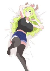 Rule 34 | 1girl, artist request, breasts, denim, denim shorts, dragon girl, dragon horns, feet out of frame, female focus, from above, green hair, horns, kobayashi-san chi no maidragon, large breasts, looking at viewer, lucoa (maidragon), lying, midriff peek, multicolored eyes, on bed, one eye closed, shorts, smile, solo, thick thighs, thighhighs, thighs