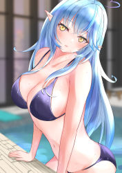 Rule 34 | 1girl, ahoge, bare arms, bare shoulders, bench, bikini, blue hair, blurry, blurry background, breasts, cleavage, collarbone, commentary, constricted pupils, cowboy shot, crossed bangs, dot nose, heart, heart ahoge, highres, hololive, indoors, large breasts, long bangs, multicolored hair, navel, open mouth, pointy ears, pool, purple bikini, sahatarakau, shadow, solo, swimsuit, virtual youtuber, wet, wooden bench, yellow eyes, yukihana lamy