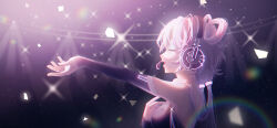 Rule 34 | 1girl, :d, absurdres, black sleeves, closed eyes, detached sleeves, from side, headphones, headset, highres, ji ye fan sheng, long hair, long sleeves, low twintails, luo tianyi, microphone, music, open mouth, outstretched arm, pink hair, profile, singing, smile, solo, sparkle, twintails, upper body, vocaloid