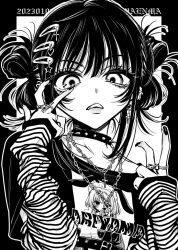 Rule 34 | 1girl, akiyama enma, arm warmers, belt, chain, chain necklace, collar, copyright request, cross, cross earrings, cross necklace, ear piercing, earrings, fang, fingernails, greyscale, hair ornament, hairclip, hands up, heart, jewelry, lips, lock, long fingernails, mizura, monochrome, nail polish, necklace, parted lips, piercing, print shirt, punk, ring, shirt, solo, spiked collar, spikes, star (symbol), striped, upper body