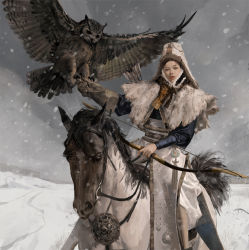 Rule 34 | 1girl, arrow (projectile), bird, bow (weapon), bridle, brown gloves, day, falconry, gloves, grey sky, highres, holding, holding bow (weapon), holding weapon, horse, horseback riding, looking at viewer, original, outdoors, owl, riding, saddle, sangsoo jeong, sky, snowing, solo, weapon, white headwear