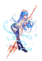 Rule 34 | 1girl, ass, athena chronicles, blue hair, bracelet, breasts, cleavage, crown, full body, hair ornament, highres, jewelry, leaning forward, long hair, looking at viewer, midriff, necklace, original, pink eyes, polearm, poseidon, smile, solo, standing, trident, weapon, xion32