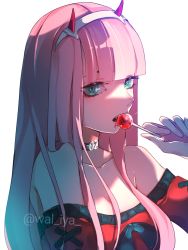Rule 34 | 1girl, black bow, blunt bangs, bow, candy, collar, collarbone, darling in the franxx, fang, food, green eyes, hair over shoulder, hairband, highres, holding, holding candy, holding food, holding lollipop, horns, lollipop, long hair, off-shoulder sweater, off shoulder, pink hair, red sweater, simple background, solo, sparkle, straight hair, sweater, twitter username, upper body, wal iya, watermark, white background, white hairband, zero two (darling in the franxx)