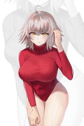 Rule 34 | 1girl, ahoge, bad id, bad pixiv id, breasts, fate/grand order, fate (series), heattech leotard, highleg, highleg leotard, impossible clothes, impossible leotard, impossible sweater, jeanne d&#039;arc (fate), jeanne d&#039;arc alter (avenger) (fate), jeanne d&#039;arc alter (fate), large breasts, leotard, long sleeves, meme attire, red leotard, red sweater, ribbed leotard, short hair, silver hair, solo, striped clothes, striped leotard, suou-sensei, sweater, turtleneck, turtleneck sweater, yellow eyes, zoom layer