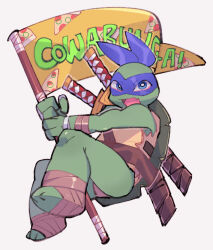 Rule 34 | 1boy, animification, blue eyes, colored skin, commentary request, english text, flag, furry, furry male, green scales, green skin, katana, leonardo (tmnt), looking at viewer, male focus, mask, moime, open mouth, scabbard, sheath, simple background, sword, teenage mutant ninja turtles, turtle boy, weapon, white background
