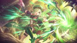Rule 34 | 1girl, aoi (princess connect!), arrow (projectile), bow (weapon), elf, feathers, green beret, green eyes, green hair, hair over one eye, medium hair, official art, pointy ears, princess connect!, tree, weapon