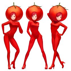 Rule 34 | 10s, 1girl, bodysuit, bon nob, color connection, high heels, looking at viewer, love live!, love live! school idol project, nishikino maki, purple eyes, red eyes, red hair, short hair, simple background, skin tight, smile, tomato, tomato costume, unitard, white background