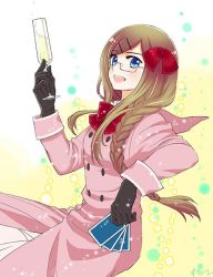 Rule 34 | 1girl, :d, axis powers hetalia, bad id, bad twitter id, black gloves, blue eyes, bow, braid, buttons, card, glasses, gloves, hair bow, hair ornament, hairclip, holding, holding card, light brown hair, long hair, long sleeves, monaco (hetalia), open mouth, playing card, red bow, single braid, smile, solo, starry, swept bangs