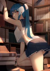 Rule 34 | 1girl, arm up, armpits, ass, bare arms, bare shoulders, blue hair, blue skirt, blurry, book, book stack, bookshelf, breasts, crop top, crop top overhang, depth of field, dungeon and fighter, from behind, hair ribbon, highres, library, long hair, looking at viewer, looking back, maemi (maemi12), medium breasts, midriff, miniskirt, no bra, panties, panty peek, pantyshot, parted lips, pleated skirt, red eyes, ribbon, sailor collar, school uniform, serafuku, shirt, skirt, sleeveless, sleeveless shirt, solo, thighs, twintails, underwear, white panties, white shirt