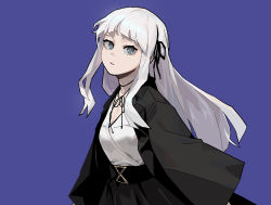 Rule 34 | 1girl, black coat, black ribbon, black skirt, blue background, breasts, bright pupils, cleavage, closed mouth, coat, collarbone, francisca (gogalking), gogalking, grey eyes, hair ornament, hair ribbon, highres, long hair, long sleeves, looking at viewer, medium breasts, neck ribbon, open clothes, original, ribbon, shirt, sidelocks, simple background, skirt, solo, standing, upper body, white hair, white shirt
