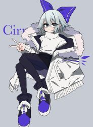 Rule 34 | 1girl, alternate costume, aqua eyes, aqua hair, bad id, bad twitter id, black footwear, black pantyhose, black skirt, blue bow, blue footwear, bow, casual, character name, cirno, closed mouth, commentary, contemporary, english text, full body, fur trim, grey background, hair bow, hand in pocket, high tops, highres, jacket, long sleeves, looking at viewer, medium hair, miniskirt, multicolored footwear, open clothes, open jacket, pantyhose, pointy ears, shirt, shoes, simple background, skirt, sneakers, solo, streetwear, touhou, tsumaseu, turtleneck, v, white footwear, white jacket, white shirt