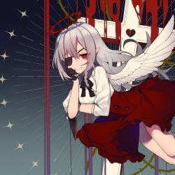 Rule 34 | 1girl, black bow, black bowtie, bow, bowtie, closed mouth, collared shirt, cross, eyepatch, feathered wings, grey hair, hair between eyes, halo, hand up, heart, highres, looking at viewer, miebao, original, red eyes, red skirt, shirt, sidelocks, single wing, skirt, smile, solo, sparkle, white shirt, white wings, wings