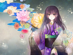 Rule 34 | 1girl, black hair, expressionless, floral background, floral print, flower, grey background, japanese clothes, kazu (muchuukai), kimono, long hair, original, purple eyes, solo