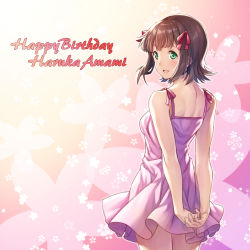 Rule 34 | 1girl, amami haruka, bare arms, bare shoulders, blush, breasts, brown hair, character name, commentary request, dress, floral print, from behind, green eyes, hair ornament, hair ribbon, happy birthday, idolmaster, idolmaster (classic), idolmaster million live!, looking at viewer, medium breasts, nanaran, pink dress, pink ribbon, ribbon, short hair, solo