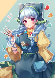 Rule 34 | 1girl, absurdres, apron, between fingers, blue hair, blush, braid, closed mouth, commentary request, dress, frilled dress, frills, green apron, green headwear, haniyasushin keiki, head scarf, highres, holding, long hair, looking at viewer, magatama, magatama necklace, moshihimechan, necklace, pink eyes, shadow, smile, solo, touhou, twin braids, two-tone background, yellow dress