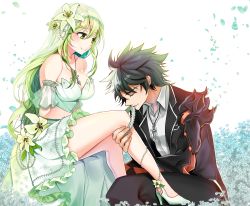 Rule 34 | 1boy, 1girl, black hair, bride, closed mouth, collarbone, couple, dress, elsword, closed eyes, flower, formal, green eyes, green hair, hair flower, hair ornament, hamericano, high heels, highres, jewelry, kneeling, bridal garter, lily (flower), long hair, mechanical arms, messy hair, mouth hold, multicolored hair, necklace, raven cronwell, rena erindel, shoes, single mechanical arm, sitting, smile, suit, two-tone hair, white dress, white footwear, white hair
