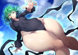 Rule 34 | 1girl, breasts, cloud, cloudy sky, collared dress, covered erect nipples, curvy, day, dress, energy, psychic, fantasy, floating, floating clothes, floating object, flying, from below, glowing, green eyes, green hair, levitation, looking at viewer, looking down, magic, medium hair, no panties, nuezou, one-punch man, outdoors, parted lips, psychic, sky, small breasts, solo, tatsumaki, telekinesis, thick thighs, thighs, wide hips
