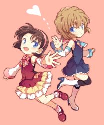 Rule 34 | :d, akiyoshi (tama-pete), alternate costume, ascot, black legwear, blue eyes, blue skirt, blue vest, boots, bow, brown hair, buttons, closed mouth, detached sleeves, frilled skirt, frills, full body, haibara ai, hairband, heart, high heel boots, high heels, looking at viewer, mary janes, meitantei conan, open mouth, plaid, plaid bow, plaid collar, red footwear, red skirt, red vest, shoes, short hair, skirt, skirt set, sleeveless, smile, socks, thighhighs, vest, white footwear, white legwear, yoshida ayumi