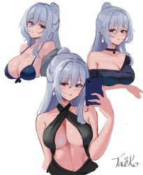 Rule 34 | 1girl, absurdres, bare shoulders, bikini, black dress, blue bikini, breasts, cellphone, commentary request, criss-cross halter, dress, earrings, grey hair, halterneck, hand up, highres, holding, holding phone, honkai: star rail, honkai (series), jewelry, jingliu (honkai: star rail), large breasts, long hair, looking at viewer, multiple views, off shoulder, phone, red eyes, sidelocks, simple background, smartphone, stomach, swimsuit, taiko bo, white background