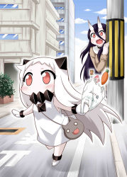 Rule 34 | 10s, 2girls, absurdres, abyssal ship, bag, battleship princess, black hair, blush, box, building, carrot, choker, commentary request, contemporary, enemy aircraft (kancolle), fang, food, handbag, has bad revision, has downscaled revision, hiding, high collar, highres, hole, horns, jacket, kantai collection, lamppost, long hair, md5 mismatch, mittens, multiple girls, northern ocean princess, orange eyes, outstretched arms, planter, plastic bag, resolution mismatch, road, shopping bag, sidewalk, source smaller, street, sweatdrop, text focus, translation request, very long hair, white hair, yamato nadeshiko