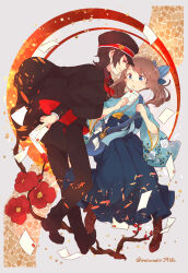 Rule 34 | 1boy, 1girl, between fingers, black cape, black footwear, black headwear, black pants, blue bow, bow, brendan (pokemon), brown footwear, cape, creatures (company), fang, flower, game freak, hat, highres, holding, holding letter, japanese clothes, letter, mailbag, may (pokemon), mirai (rs-729201204113-lg), nintendo, pants, plum blossoms, pokemon, pokemon adventures, red eyes, smile, wide sleeves