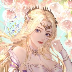 Rule 34 | 1girl, bare shoulders, blonde hair, detached collar, detached sleeves, douluo dalu, dress, hair ornament, he du, long hair, looking to the side, portrait, qian renxue (douluo dalu), second-party source, smile, solo, strapless, strapless dress, white dress