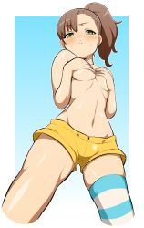 Rule 34 | 1girl, blush, breasts, brown hair, chousoku henkei gyrozetter, covering breasts, covering privates, green eyes, hokuto (tokuho), inaba rinne, long hair, looking at viewer, navel, pout, raised eyebrow, short shorts, shorts, single thighhigh, small breasts, solo, striped clothes, striped thighhighs, sweatdrop, thighhighs, topless
