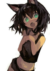 Rule 34 | 1girl, absurdres, animal ear fluff, animal ears, black choker, black hair, choker, fang, female focus, green eyes, highres, kaamin (mariarose753), looking at viewer, medium hair, messy hair, midriff, navel, open mouth, original, own hands together, simple background, solo, stomach, white background