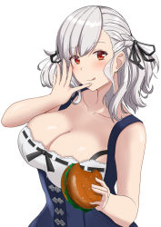 Rule 34 | 1girl, aizawa u-ji, blue dress, blush, braid, breasts, burger, cleavage, closed mouth, collarbone, dress, food, girls&#039; frontline, hair ribbon, highres, holding, holding food, large breasts, licking lips, looking at viewer, medium hair, red eyes, ribbon, side braid, smile, solo, spas-12 (girls&#039; frontline), tongue, tongue out, upper body, white background, white hair