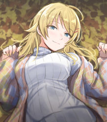 Rule 34 | 1girl, ahoge, alternate costume, autumn leaves, blonde hair, blue eyes, blurry, blush, breasts, closed mouth, commentary, depth of field, from below, hachimiya meguru, hair ornament, hairclip, highres, idolmaster, idolmaster shiny colors, jacket, large breasts, long hair, looking at viewer, lying, on back, ribbed sweater, smile, solo, sweater, swept bangs, turtleneck, turtleneck sweater, unu (unucence), upper body, white sweater