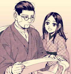 Rule 34 | 1boy, 1girl, :d, alternate costume, asirpa, bad id, bad pixiv id, black eyes, black hair, buttons, chair, closed mouth, collar, collared shirt, commentary request, eye contact, facial hair, facial scar, glasses, golden kamuy, hair slicked back, hair strand, highres, holding, holding paper, long sleeves, looking at another, monochrome, ogata hyakunosuke, open mouth, paper, round eyewear, scar, scar on cheek, scar on face, shirt, short hair, simple background, sitting, smile, standing, stubble, tetsuko gk, traditional clothes, undercut, upper body, white shirt