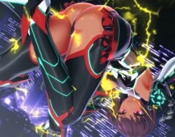 Rule 34 | 1girl, 3d, artist request, ass, black leotard, breasts, brown hair, city, dark skin, electricity, expressionless, fishnets, highres, huge ass, impossible clothes, impossible leotard, jumping, leotard, looking back, looking to the side, mizuki yukikaze, mizuki yukikaze (future), night, night sky, pink eyes, shiny clothes, shiny skin, short hair, skin tight, skindentation, sky, small breasts, solo, taimanin (series), taimanin rpgx, taimanin suit, taimanin yukikaze, thong leotard, wide hips