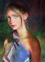 Rule 34 | 1girl, arms at sides, bare shoulders, blonde hair, collarbone, green eyes, lips, looking at viewer, nababa, nose, original, realistic, short hair, solo, upper body
