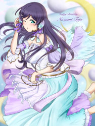 Rule 34 | 1girl, ;o, alternate hairstyle, angel wings, aqua eyes, artist name, artist request, bare shoulders, barefoot, blush, bow, bowtie, breasts, center frills, choker, collarbone, crescent moon, detached collar, detached sleeves, dress, feathered wings, feathers, feet, female focus, fingerless gloves, flower, frilled dress, frilled sleeves, frills, gloves, green eyes, hair flower, hair ornament, hair ribbon, headset, heart, heart tattoo, highres, long hair, looking at viewer, love live!, love live! school idol festival, love live! school idol project, medium breasts, moon, one eye closed, parted lips, purple bow, purple dress, purple feathers, purple hair, purple ribbon, ribbon, short sleeves, shoulder tattoo, sideboob, smile, solo, striped, striped bow, tattoo, tojo nozomi, white dress, white feathers, wings, x hair ornament