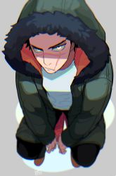 Rule 34 | 1boy, alternate costume, black hair, black pants, blurry, casual, closed mouth, commentary request, eyebrows, facial scar, from above, full body, fur, fur trim, golden kamuy, green jacket, hood, hood up, hooded jacket, jacket, long jacket, long sleeves, looking at viewer, looking up, male focus, onnomono, pants, scar, scar on cheek, scar on face, scar on mouth, scar on nose, shirt, short hair, sitting, solo, spiked hair, sugimoto saichi, white shirt, yellow eyes