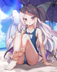 Rule 34 | 1girl, bare arms, bare legs, barefoot, beach, beach umbrella, blue archive, blue one-piece swimsuit, blush, collarbone, commentary request, day, feet, feet up, flat chest, full body, hair ornament, hair tie, hairclip, highres, hina (blue archive), hina (swimsuit) (blue archive), horns, inflatable toy, knees up, long hair, looking at viewer, low wings, mannack, name tag, one-piece swimsuit, one side up, outdoors, parted bangs, parted lips, purple eyes, school swimsuit, silver hair, sitting, soles, solo, swimsuit, toes, umbrella, very long hair, whistle, whistle around neck, wings