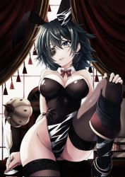 Rule 34 | 1girl, animal ears, black leotard, black thighhighs, blush, book, boots, bow, bowtie, breasts, camouflage, chair, cleavage, cup, curtains, desk, detached collar, drinking glass, eyepatch, fake animal ears, green eyes, green hair, hair between eyes, high heels, highres, indoors, kantai collection, kiso (kancolle), leotard, lips, looking at viewer, medium breasts, mole, mole on breast, open mouth, playboy bunny, rabbit ears, short hair, sitting, smile, solo, strapless, strapless leotard, table, thigh strap, thighhighs, window, wrist cuffs, yaegashi (muzzuleflash)