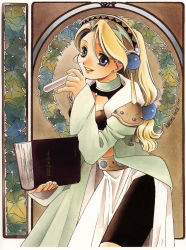 Rule 34 | 1990s (style), 1girl, alchemist, alchemy, art nouveau, atelier (series), atelier marie, book, female focus, gust, highres, kohime ohse, long hair, low-tied long hair, magic, marie (atelier), ouse kohime, retro artstyle, solo, test tube