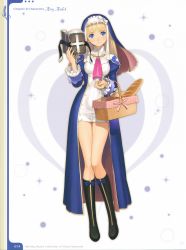 Rule 34 | 10s, 1girl, basket, bible (object), blonde hair, blue eyes, boots, bread, character name, concept art, eari (shining hearts), english text, fingernails, food, full body, habit, hat, highres, knee boots, light smile, long fingernails, long hair, long legs, looking at viewer, nun, ribbon, shining (series), shining hearts, simple background, smile, solo, text focus, tony taka
