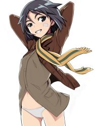 Rule 34 | 10s, 1girl, bandaid, bandaid on face, black eyes, black hair, brave witches, jacket, kanno naoe, nanashino, no pants, panties, scarf, short hair, simple background, smile, solo, underwear, world witches series
