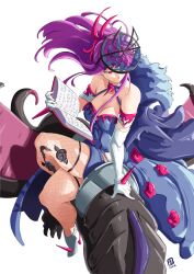 Rule 34 | 1girl, automatic giraffe, bare shoulders, blue dress, book, commentary, dragon, dress, elbow gloves, fire emblem, fire emblem engage, fishnet thighhighs, fishnets, floating hair, gloves, high heels, highres, holding, holding book, ivy (fire emblem), long hair, nintendo, purple eyes, purple hair, riding, simple background, sitting, solo, thighhighs, thighs, white background, white gloves, wyvern
