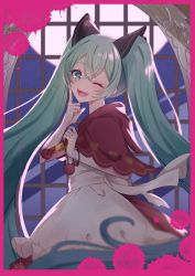 Rule 34 | 1girl, ;d, bad end night (vocaloid), blood, capelet, finger to mouth, full moon, hand up, hatsune miku, highres, long hair, magu (magupan), moon, night, one eye closed, open mouth, pink blood, shushing, smile, solo, twintails, very long hair, vocaloid