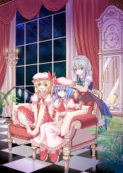 Rule 34 | 3girls, arm support, armchair, barefoot, bat wings, blonde hair, blue eyes, blue hair, blush, braid, candelabra, candlestand, chair, checkered floor, clock, couch, curtains, dinyc, fangs, feet, feet on chair, female focus, flandre scarlet, floor, grandfather clock, happy, hat, highres, izayoi sakuya, multiple girls, night, night sky, open mouth, perspective, platform footwear, platform heels, ponytail, red eyes, red footwear, red upholstery, remilia scarlet, shoes, short hair, side ponytail, silver hair, sitting, sky, smile, touhou, twin braids, v arms, window, wings